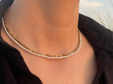Halsketten Set aus Perlen und Goldsteinen - Schmuckset Elvy – handgefertigt aus echten Süßwasserperlen – Ella and Me