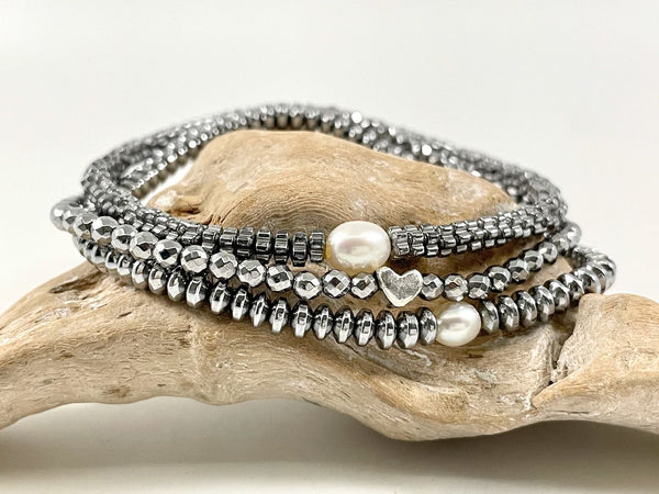 3 zierliche Armbänder aus silberfarbenen Steinen - Armbandset Erlina